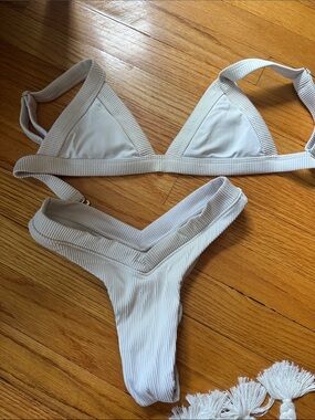 Textured Cream Ribbed Triangle Bikini Set